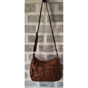 BUENO Light brown Textured Faux Leather Zip Pockets Adjustable Strap Crossbody